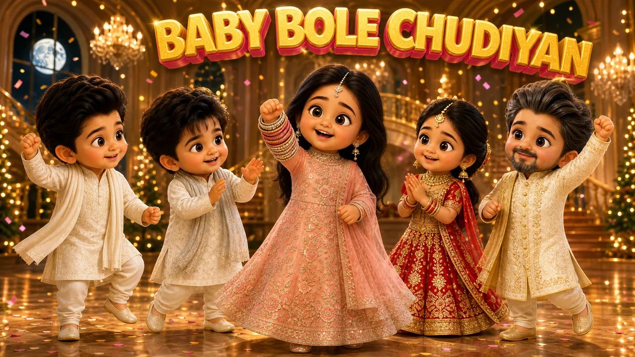 Five animated babies in festive outfits dancing in a palace ballroom under the title Baby Bole Chudiyan