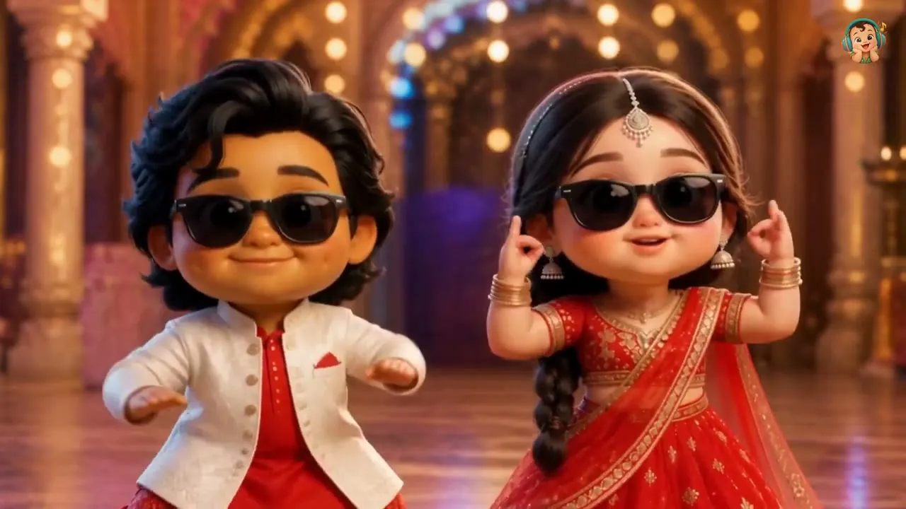 Two animated dancers in sunglasses, in a white jacket and a red lehenga, on a golden palace stage