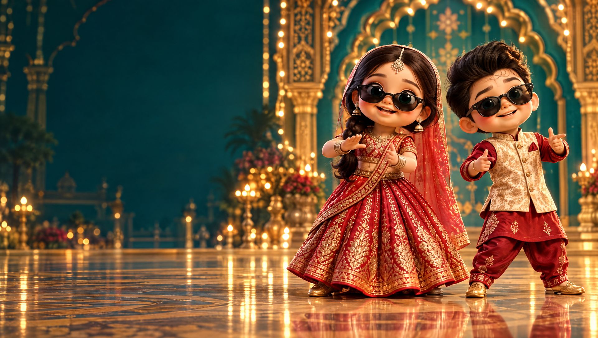 Two animated Bollywood dancers on a golden stage under a teal arch
